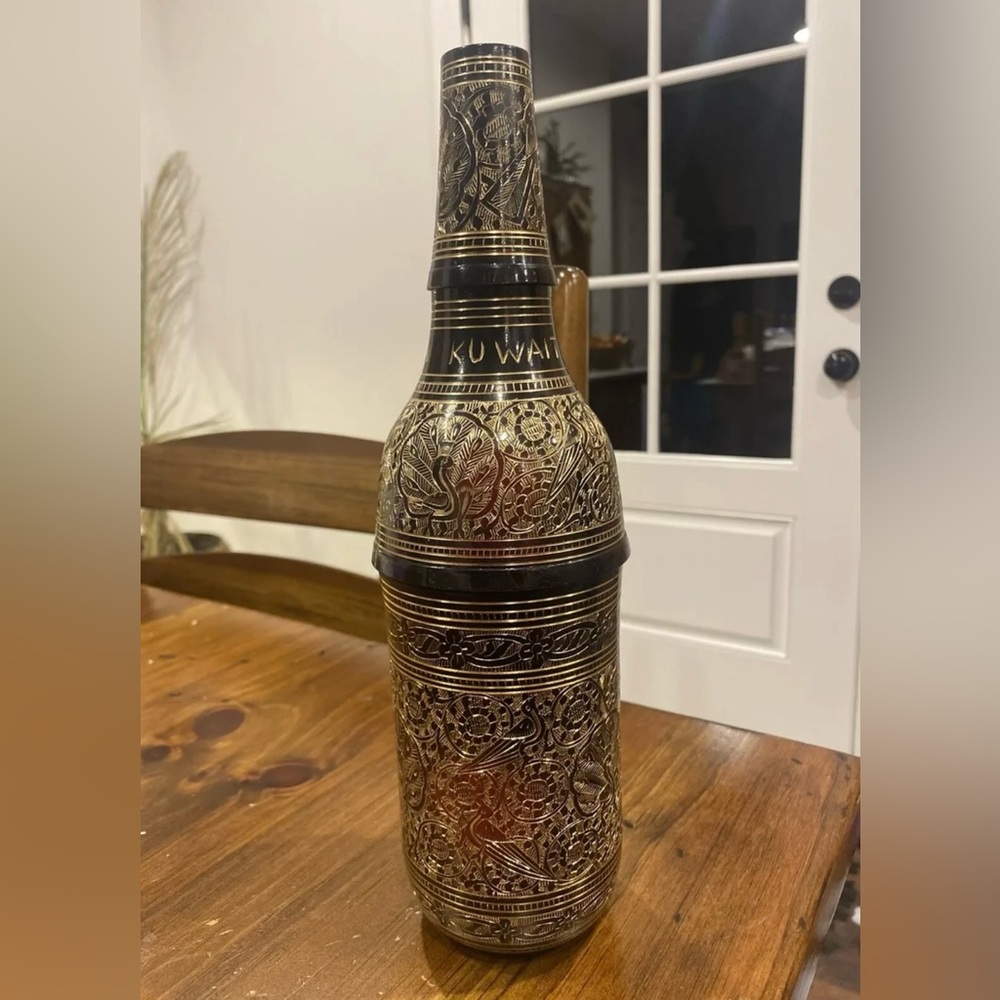 Vtg Collectible Decorative Wine Bottle Flask Brass India Etch NO BEER IN KUWAIT